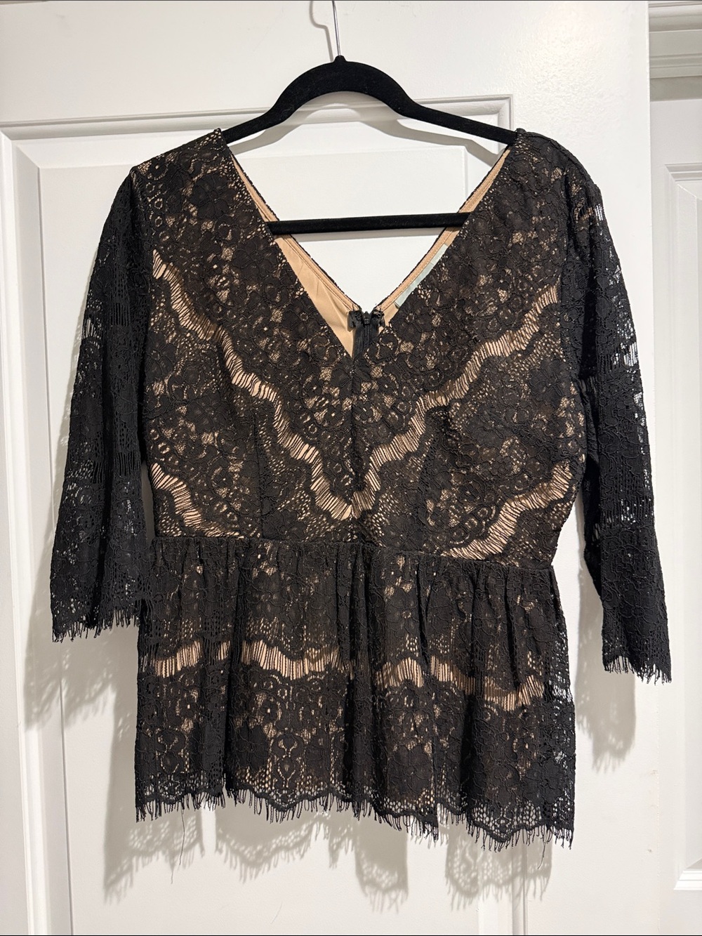 Maeve Black Lace Peplum Top with Nude Lining, Brand New, no tags